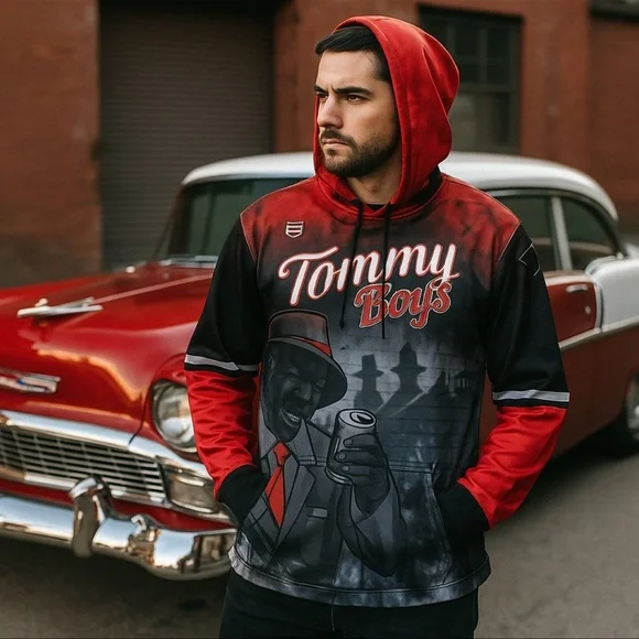 Beaserh Men’s Medium Tommy Boys Hoodie Graphic Red Black Streetwear 46 NWOT - Picture 2 of 6